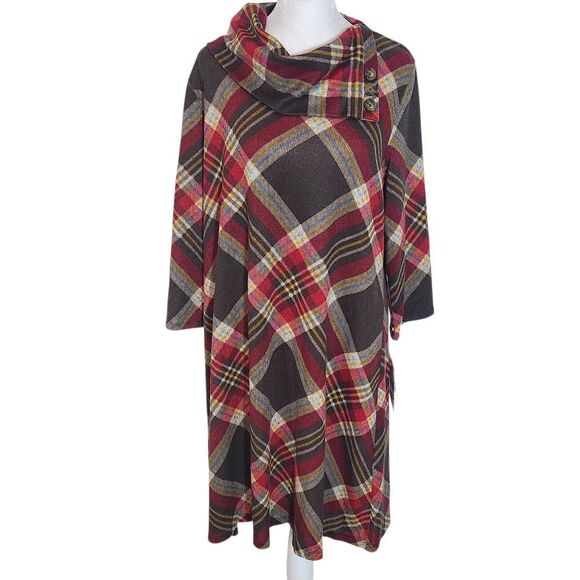 Sandra Darren Red and Brown Plaid Mini Dress with Cowl Neckline NWT Size XL - Picture 1 of 11
